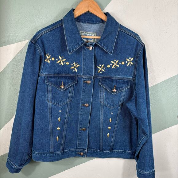 Boom Boom Denim Jacket Women Large/XL Blue Faux Diamond Stud Western Style Wear - Picture 8 of 9
